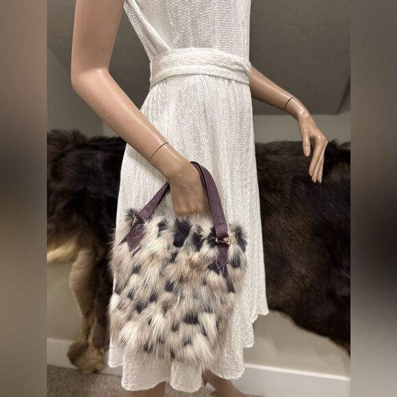 Colorblock Handmade Luxury Real Fox Fur & Leather Top Handles Satchel/Crossbody - Picture 3 of 16